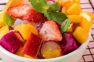 Fruit salad is a dish consisting of various kinds of fruit. fruit salad can be served as an appetizer, a side salad, or a dessert. 