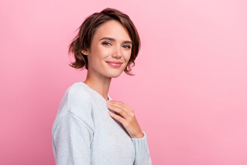 Photo of charming pretty happy woman good mood wear casual jumper enjoy isolated on pink color...
