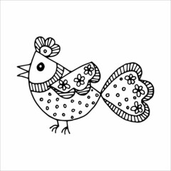 Funny hand drawn stylized bird in the doodle style. Coloring page, invitation, postcard. Black and white vector image.