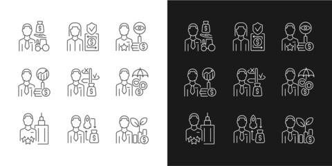Finance jobs linear icons set for dark and light mode. Investment specialists. Financial safety experts. Customizable thin line symbols. Isolated vector outline illustrations. Editable stroke