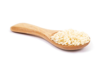 white sesame seeds organic on white background. Health food concept.