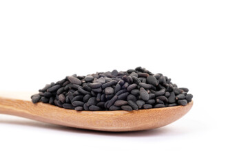 Black sesame seeds organic on white background. Health food concept.