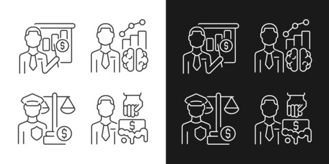 Finance literacy and law linear icons set for dark and light mode. Business teacher. Intelligence manager. Customizable thin line symbols. Isolated vector outline illustrations. Editable stroke