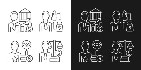 Finance investment jobs linear icons set for dark and light mode. Stock market analysts. Fund raising experts. Customizable thin line symbols. Isolated vector outline illustrations. Editable stroke