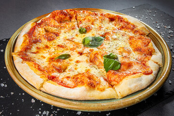 Italian pizza Four cheese. Mozzarella, Emmental, Parmesan, Gorgonzola