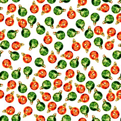 watercolor seamless pattern with green and orange Christmas balls on a white background for creating New Year textures and holiday cards