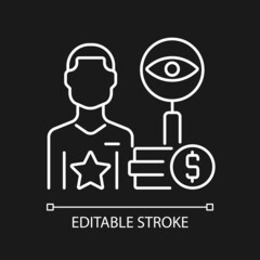 Comptroller white linear icon for dark theme. Financial controller. Accounting management. Thin line customizable illustration. Isolated vector contour symbol for night mode. Editable stroke