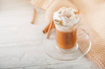 Cup with foam and cinnamon on background of pumpkins. Pumpkin autumn warming drink close-up and copy space...