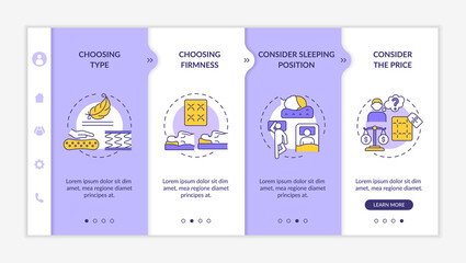 Selecting appropriate mattress onboarding vector template. Responsive mobile website with icons. Web page walkthrough 4 step screens. Bedding types color concept with linear illustrations