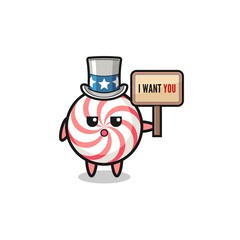 swirl lollipop cartoon as uncle Sam holding the banner I want you