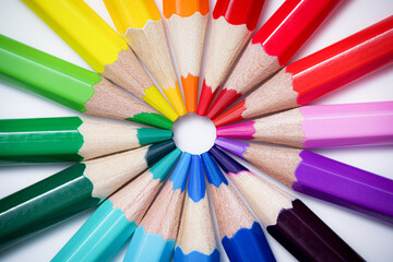 Naklejka premium Color wheel or color theory concept with colored pencils. Colored crayons arranged in a circle against a white background. Table top view, flat lay.