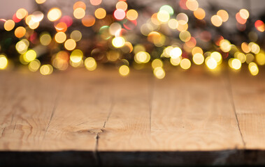 empty wooden table top with blurred light gold bokeh abstract background. For montage product...