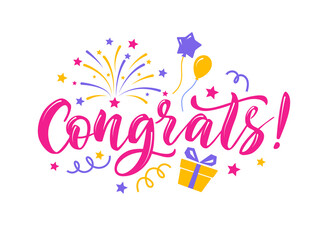 Congrats colorful lettering composition with fireworks, balloons, stars. Vector isolated illustration in flat style.