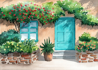 Fototapeta na wymiar Watercolor illustration of the facade of a colorful house with stone fence, with a large window, a wooden blue door and flowers under the window 