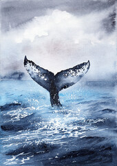 Watercolor illustration of large whale tail in foamy blue sea water with waves and splashes under gray sky