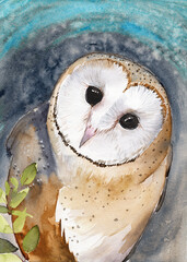Watercolor illustration of a barn owl with spotted white and brown feathers, black eyes and a pink beak, on a gray and blue background 
