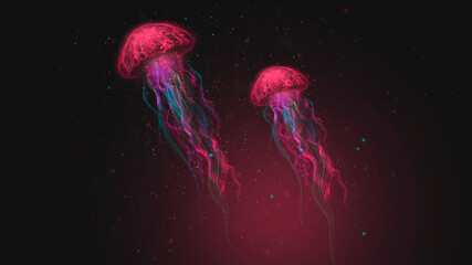 Abstract fantasy neon jellyfish on a black background. Marine jellyfish, colorful neon. 3D illustration.  © MiaStendal