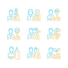 Finance jobs gradient linear vector icons set. Investment specialists. Financial safety and insurance. High level executive. Thin line contour symbols bundle. Isolated outline illustrations collection