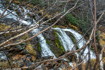 travel, walk, nature, landscape, valley, gorge, mountains, slope, rocks, boulders, waterfall, water, stream, trees, christmas trees, vegetation, fallen foliage, autumn, cloudy day