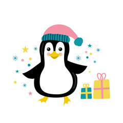 The character of cute penguin with snowflakes, stars and gifts in flat vector style.