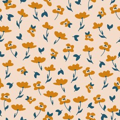 Seamless floral pattern. Fashionable background of marvelous terracotta flowers and dark blue leaves. flowers scattered on a beige background. Stock vector for printing on surfaces and web design.