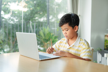 Little boy in virtual class. School at home