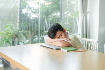 Boy fell asleep in class, tired, bored at school on online learning