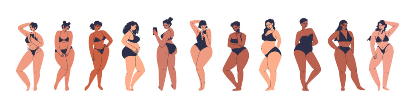 Plump chubby girls in black lingerie. Beautiful diverse young women stand in a row. Vector stock illustration of plus size women isolated on white background.