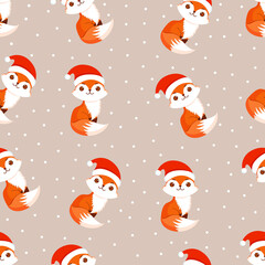 Christmas texture with festive foxes and snow. Vector illustration of Merry Christmas and Happy New Year. Seamless pattern. Winter holiday.