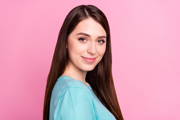 Fototapeta premium Photo portrait of girl pretty happy smiling cheerful in casual clothes isolated on pastel pink color background