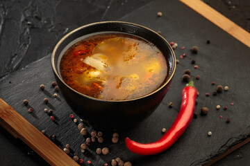 Zeama - moldovan soup. Closeup.