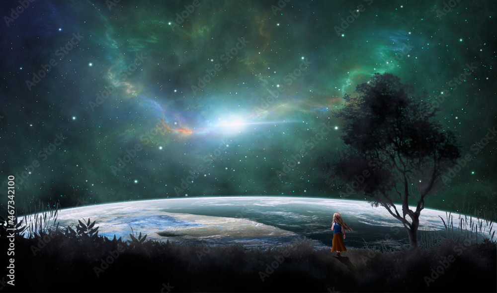 Wall mural cute small girl in dress walking on land with tree and planet under colorful nebula. elements furnis