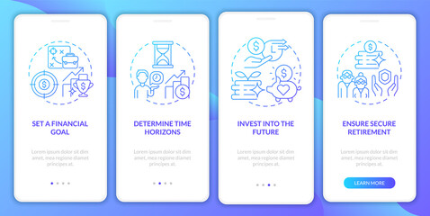 Plan pension goals onboarding mobile app page screen. Investments future income walkthrough 4 steps graphic instructions with concepts. UI, UX, GUI vector template with linear color illustrations