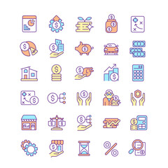 Finance and business RGB color icons set. Money earning and saving. Goal setting and planning. Economic analysis. Business charts. Isolated vector illustrations. Simple filled line drawings collection