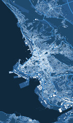 Detailed blue vector map poster of Trieste city, linear print map. Skyline urban panorama.