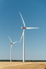 two windmills on a cereal field, with a blue horizon