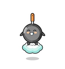 cute frying pan illustration riding a floating cloud