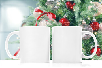 White mug mock up Christmas tree decoration. Sublimation mockup