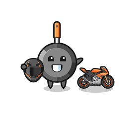 cute frying pan cartoon as a motorcycle racer