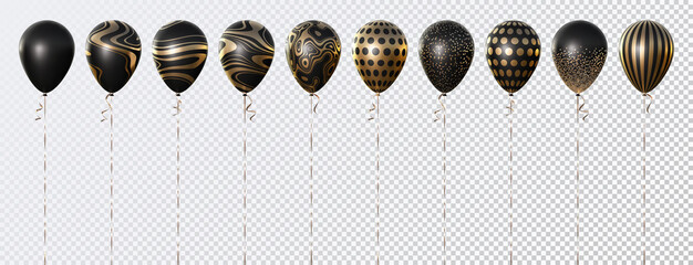Vector set of 10 3d realistic balloons. Black, with abstract golden texture, with golden confetti circles, with circles, striped. Good for Black Friday designs.