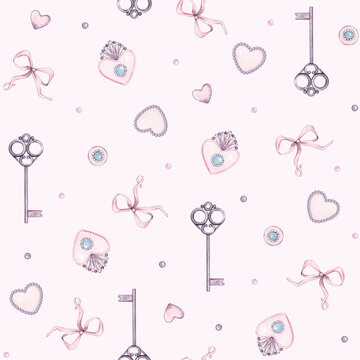 Watercolor seamless wedding day pattern with key, brooch, heart, pendant, bow, ribbon. For baby shower party, clothes, bachelorette party, valentine cards, linen, wrapping paper, wallpaper, textile.