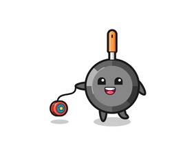 cartoon of cute frying pan playing a yoyo
