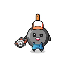 the woodworker frying pan mascot holding a circular saw