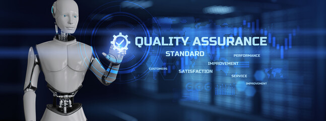 Quality assurance control standard concept. Robot pressing button on screen 3d render.