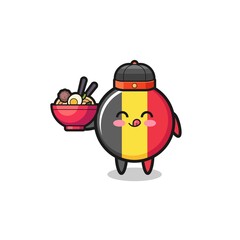 belgium flag as Chinese chef mascot holding a noodle bowl