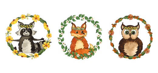Cute forest animals in round frames