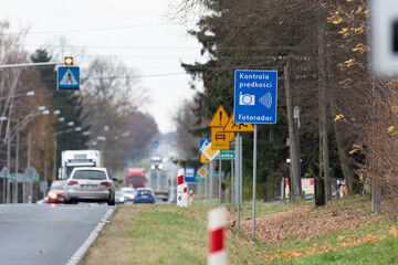 Szadki, Poland - November 5, 2021: Speed camera at the pedestrian crossing in front of the...