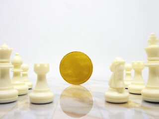 Golden coin with chess isolated,Business concept