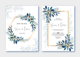 Set wedding invitation template with leaves watercolor