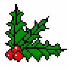 Vector stock graphics isolated on white background.Colored postcard symbol of Christmas,holiday and New Year.Hand-drawn illustration in retro pixel art style bright leaves and berries of mistletoe